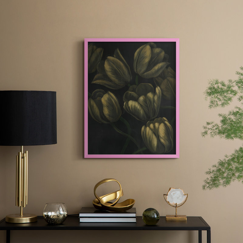 Reproduction encadrée de tulipes dorées II - bois massif, H 21 po x l 17 po, Rose