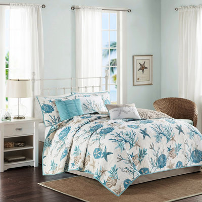 6 Piece Bedding Quilt - Full/queen Soft And Vibrant Cotton With Shells, Starfish Corals All Over Printed