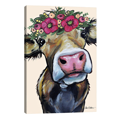 Hazel the Cow Flower Crown on Cream 1 Piece Wrapped Canvas Wall Art