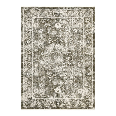 Vintage Floral Area Rug 9x12 Non Slip Non Shedding Floor Carpet Low Pile Thin Rug, Large Washable Thin Rug, Distressed Gray Rug, Indoor Oriental Rug for Living Room, Bedroom, Camel
