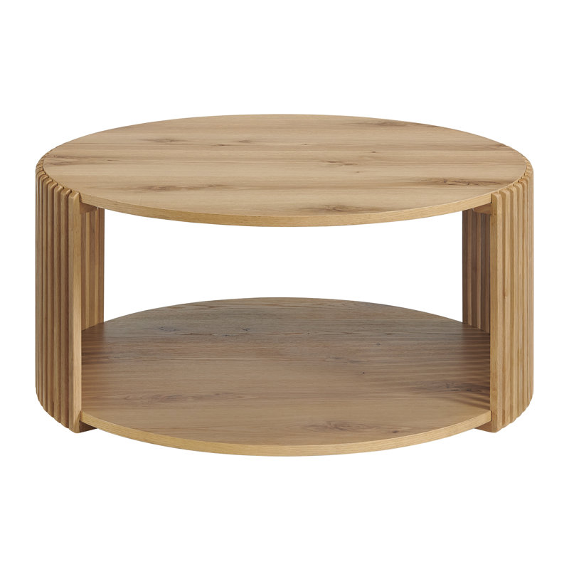 Estie Round Wood Slatted Coffee Table with Shelf