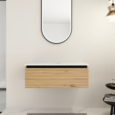 Meuble-lavabo de 30 po avec 1 tiroir à fermeture en douceur, design contemporain, couleur café, contreplaqué, égratignure et eau, grand rangement au bas, style flottant à rayures de mi-été, idéal pour les décorations