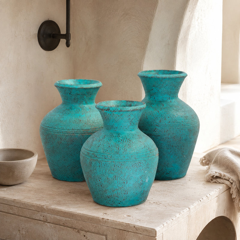 Ensemble de 3 vases en argile de couleur turquoise à la main
