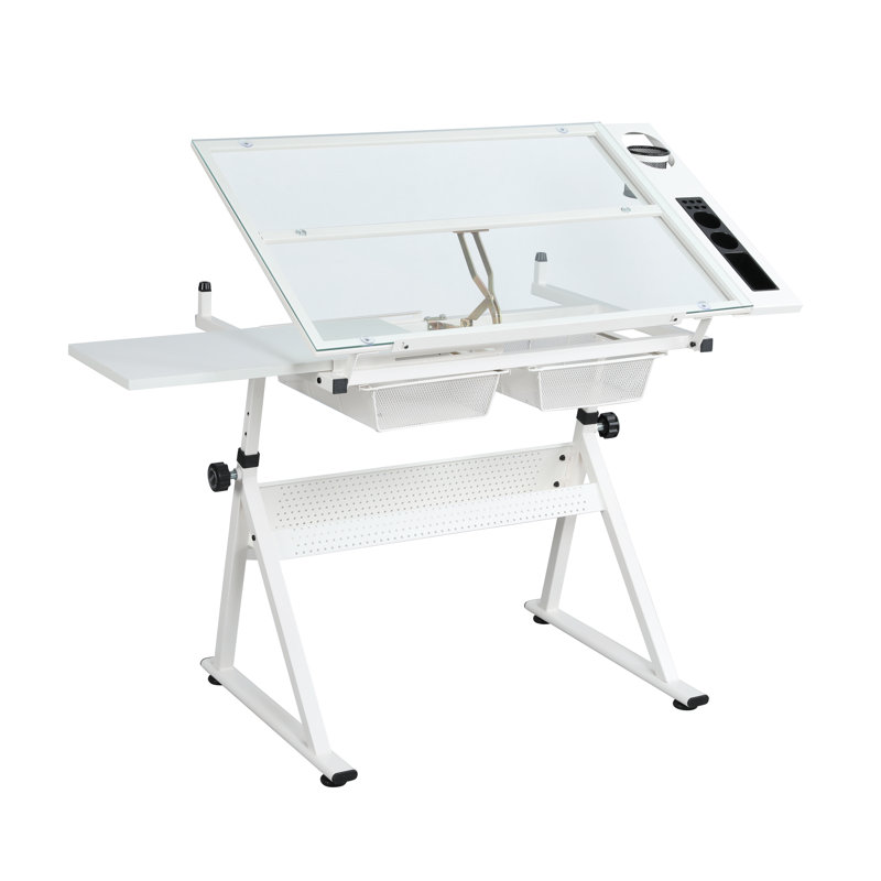 Table à dessin réglable en verre trempé avec chaise WHITE, Blanc, White