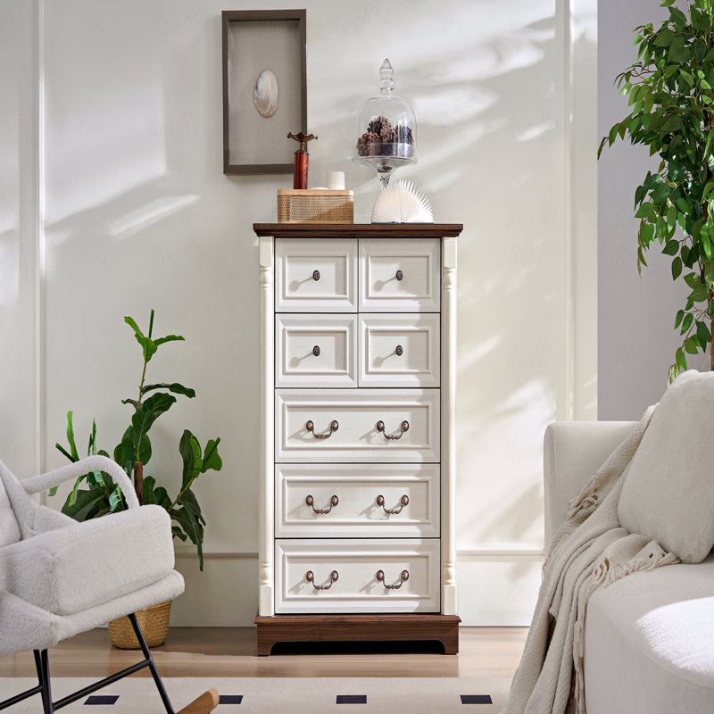 Commode 7 tiroirs, commode pour chambre à coucher avec base en bois et garniture de colonne montante, commode rustique en bois, commode de rangement