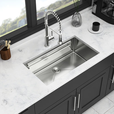 16 Gauge T304 Stainless Steel 33" Undermount Kitchen Sink, Dual - Tier Ledge For Seamless Switching Between Tools, X Shaped Drain Hygienic Coating To From Weather, Packed With Practical Accessories