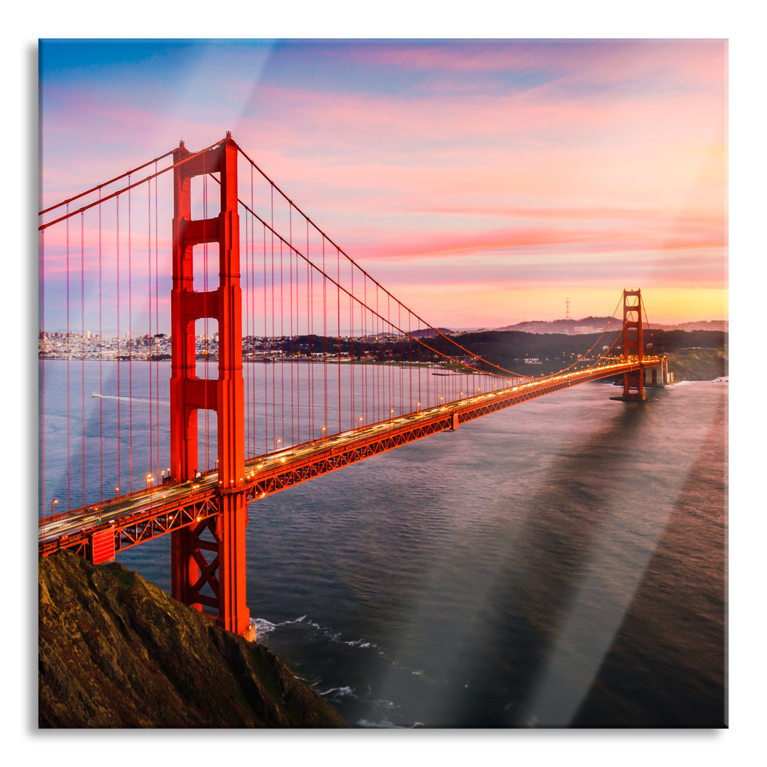 Glasbild Quadratisch | Wandbild Auf Echtglas | Golden Gate Bridge Bei Sonnenuntergang || Inkl. Aufhängung Und Abstandsha...