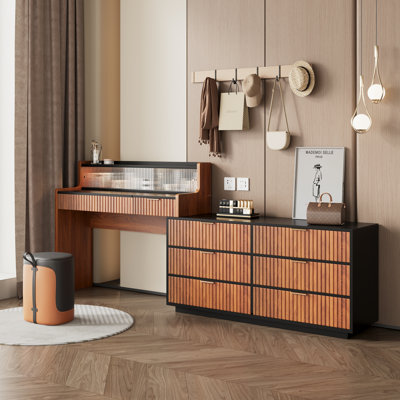98.4'' Extendable Makeup Vanity Desk With Flip-Top Mirror And 7 Storage Drawers Glass Door Extra Shelf, Convertible L-Shape Makeup Vanity