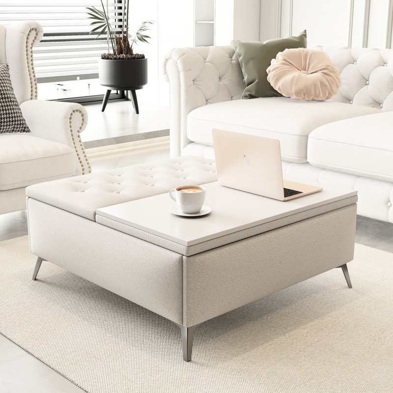 Table basse polyvalente à plateau relevable avec espace de rangement - 35 pouces de large carré beige pour le salon en bois et tissu