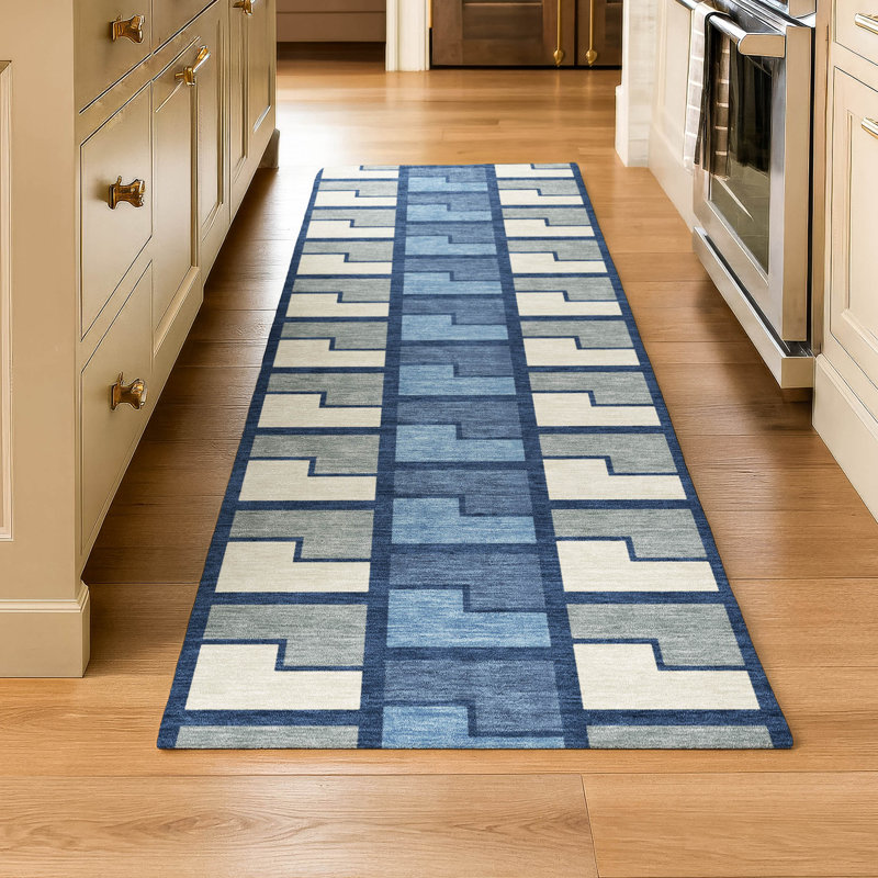 Premium Machine Washable Mayfield AMF2417 Geometric Rug, 2'3" x 7'6" Runner, Navy
