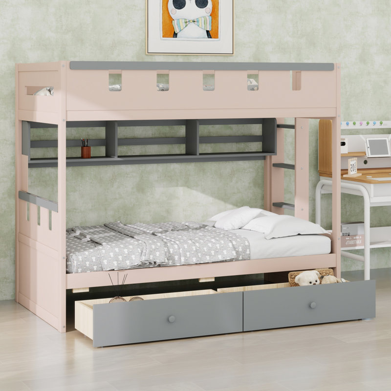 Lit superposé de style château avec 2 tiroirs, tablette et DEL , Gris, Lit simple