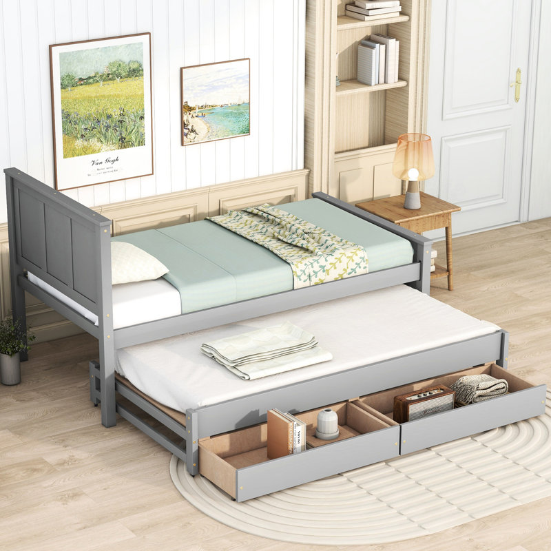 Lit plateforme simple avec lit gigogne et tiroirs - Construction en pin, maximisez les options de tiroirs de la chambre à coucher polyvalentes, personnalisez la disposition