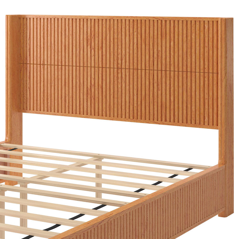 Structure de lit plateforme en bois massif avec tête de lit, sans sommier, lit sur pied, Naturel, Grand lit