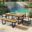 Ensemble de salle à manger 6 pièces en bois d'acacia, table de salle à manger rectangulaire avec 4 chaises rembourrées et 1 banc pour la terrasse, le jardin et la cour-126664702