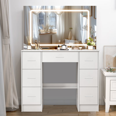 Bureau de coiffeuse avec grand miroir et lumières DEL, 3 modes d'éclairage, table de coiffeuse avec tiroirs pour filles, blanc