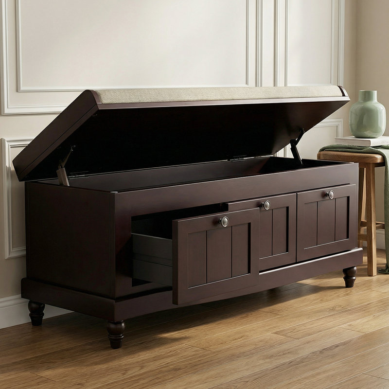 Rustic Shoe Storage Bench With Cushioned Seat - 3 Drawers & Hidden Storage For Home Organization, Brown