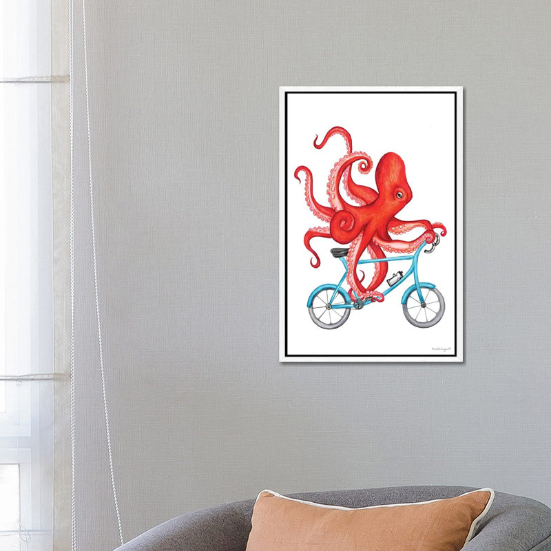 Octopus On Bike by Amélie Legault - Painting on Canvas, White Floater Framed, 66.04cm H x 45.72cm W x 3.81cm D