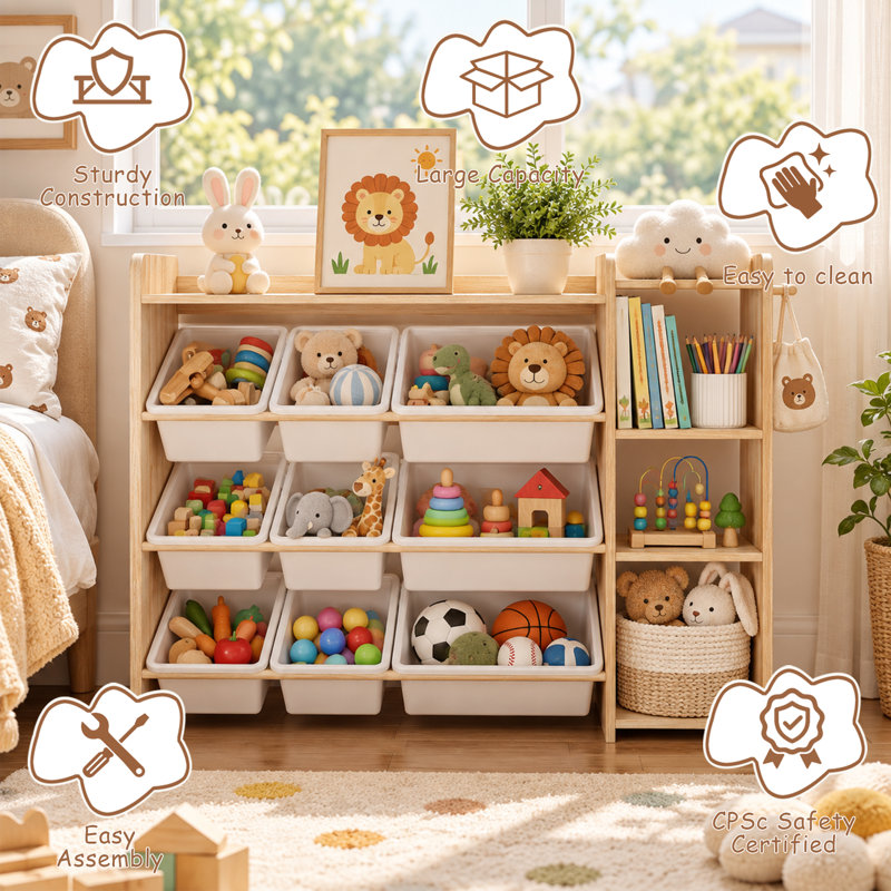 Organisateur de rangement pour enfants en bois blanc et naturel 3 niveaux avec 9 bacs de rangement