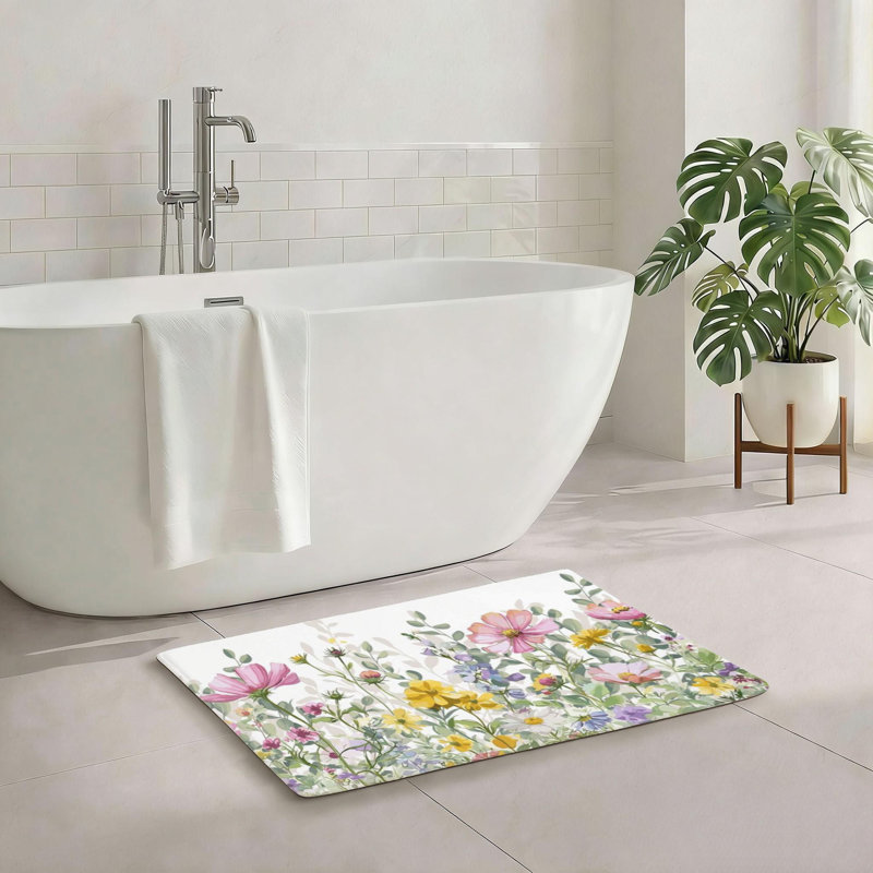 Tapis doux antidérapant Wildflower Meadow, Rose / Motif floral jaune