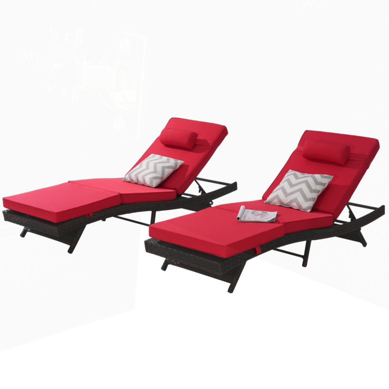Outdoor Wicker Long Reclining  Lounge Chair Set of 2, Red