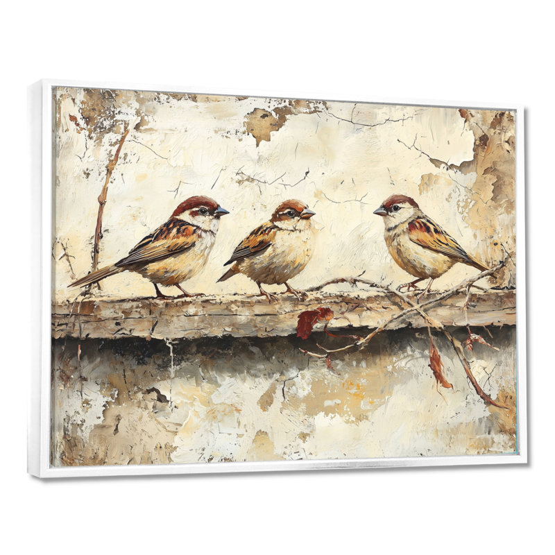 Bird Sparrows By The Farm House - art mural grand oiseau, 16" H x 32" W, Floater Framed, Blanc