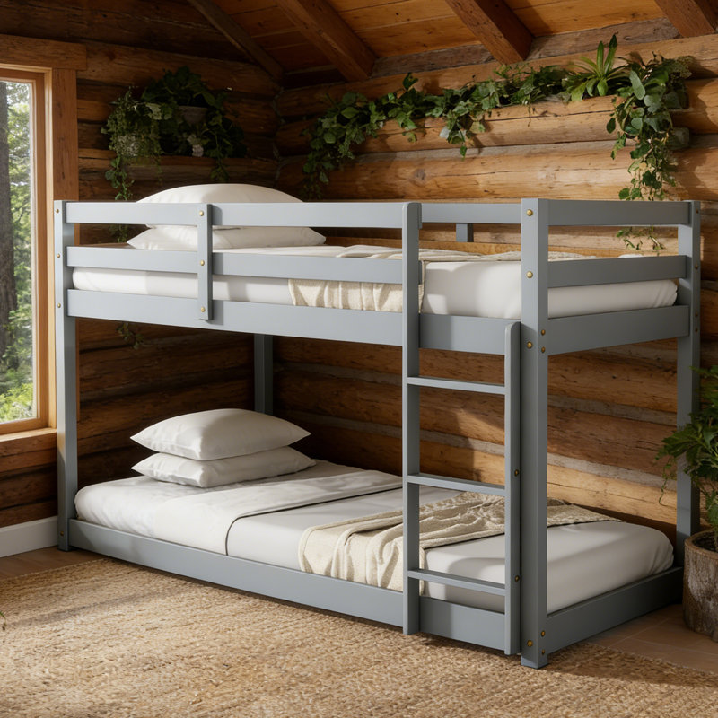 Twin Over Twin Solid Wood Bunk Beds With Ladder, Gray