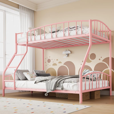 Twin Over Full Metal Bunk Bed with Ladder & Guardrail, Space Saving Steel Frame Bed, Pink