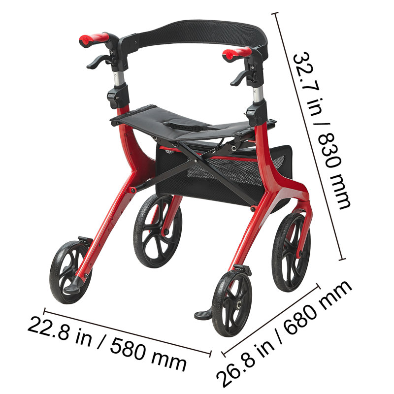 Folding Rollator Walker for Seniors and Adults, Lightweight Aluminum Rolling Walker with Seat and Adjustable Handle, 4-Wheel Outdoor Mobility Walker with Spacious Storage Bag, 300LBS Capacity