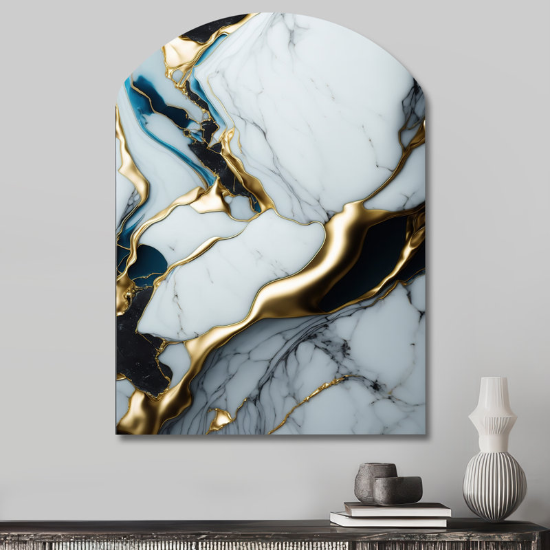 Abstract Geode Gold And White Marble II - Abstract Marble Arch Shape Irregular Metal Wall Decor, 34" H x 25" W x 1" D