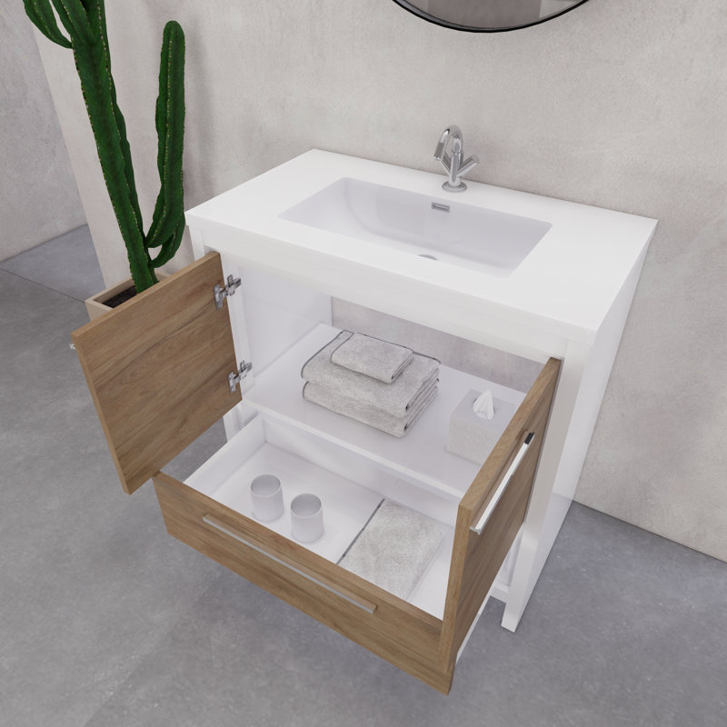 Ensemble de meuble-lavabo simple 35,5 ", Blanc brillant / teck