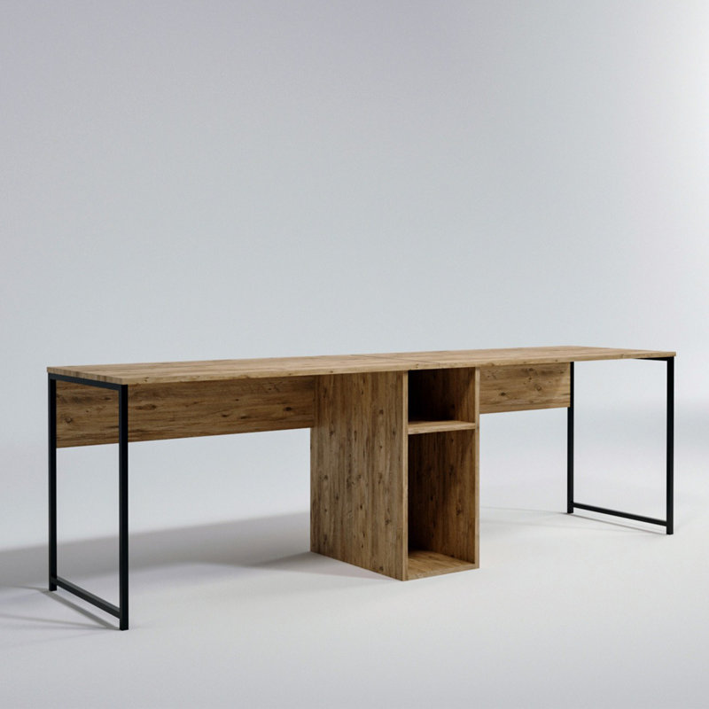 Modern Study Desk with Wall-Mount Option, Atlantic Pine & Black, 94.5 x 29.1 x 23.6 inches | 100% Melamine Coated Particle Board, 0.71 inches Thick, Electrostatic Powder Coated Metal Legs, Multiple Shelves for Organization