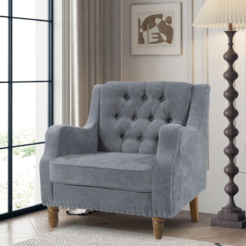 Chaise de salon Comfy - Accent gris avec pieds et coussins moelleux avec dossier en bois massif