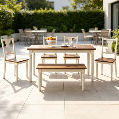 Classic 6-Piece Wooden Dining Set, Rectangular Dinner Table with 4 Chairs & Bench, Farmhouse Dining Furniture in Brown & Cottage White for Kitchen and