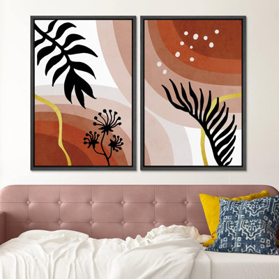 Motif de feuilles de palmier de la jungle de style Mid-Century géométrique, art moderne, décoration murale bohème 2 pièces