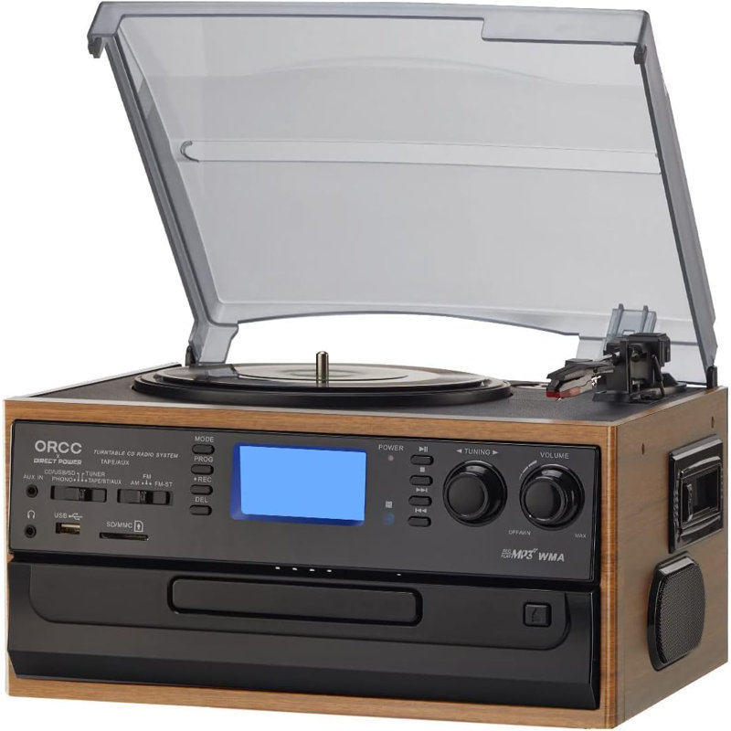 ORCC 10-in-1 Record Player, CD/USB/SD Play & Record, Bluetooth & Remote Control, FM/AM Radio, Brown