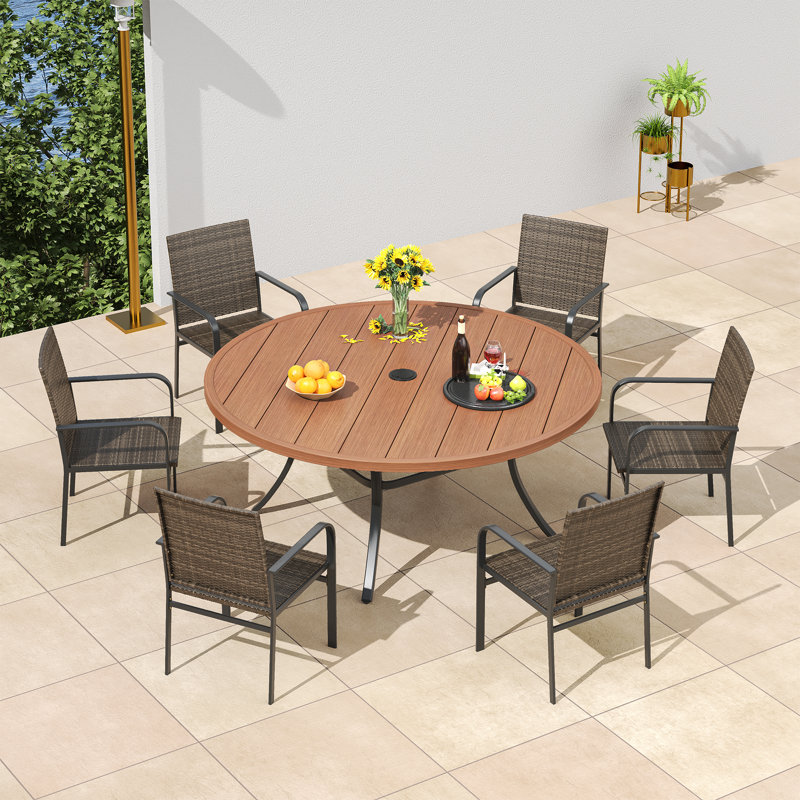 6-Person Patio Dining Set with 53" Round Metal Dining Table and 6 Woven Wicker Rattan Armrest Chairs , Gray/Gray