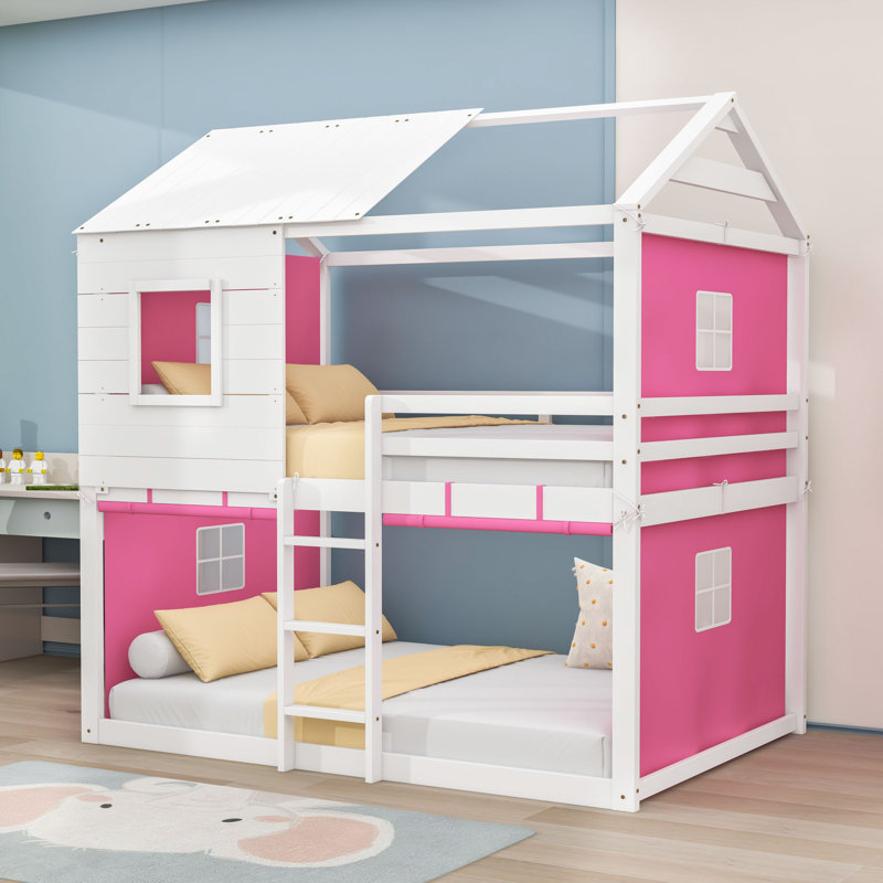 Frame House Bed With Tent And Ladder, Pink White, Full Over Full