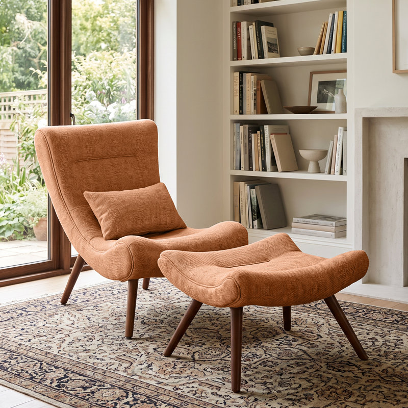 Jelks Accent Chair with Footstool, Light Beige Chenille