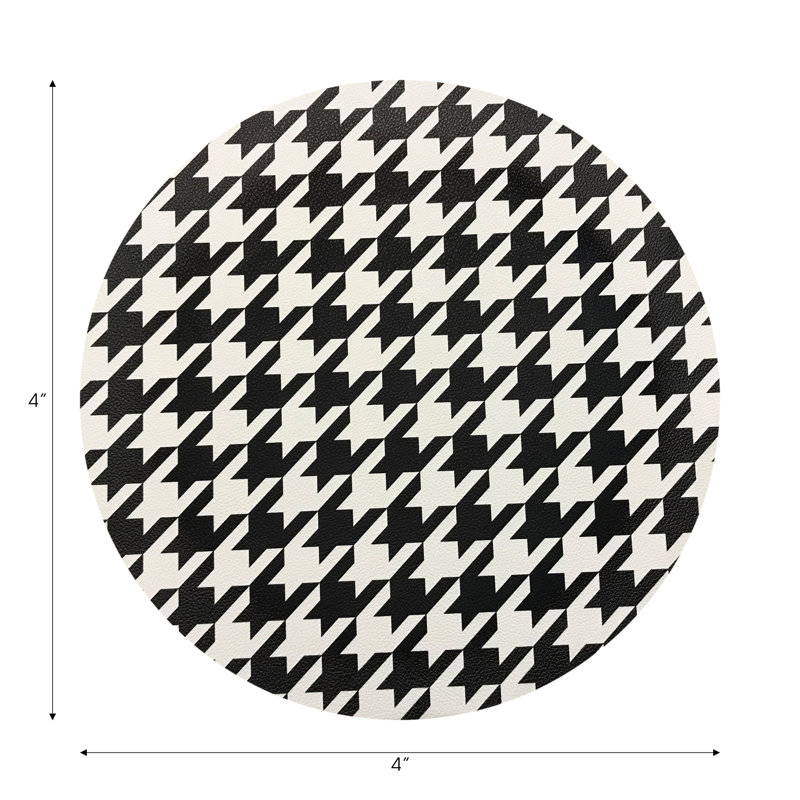 Houndstooth Black White Vegan Leather Round Coasters, Black White