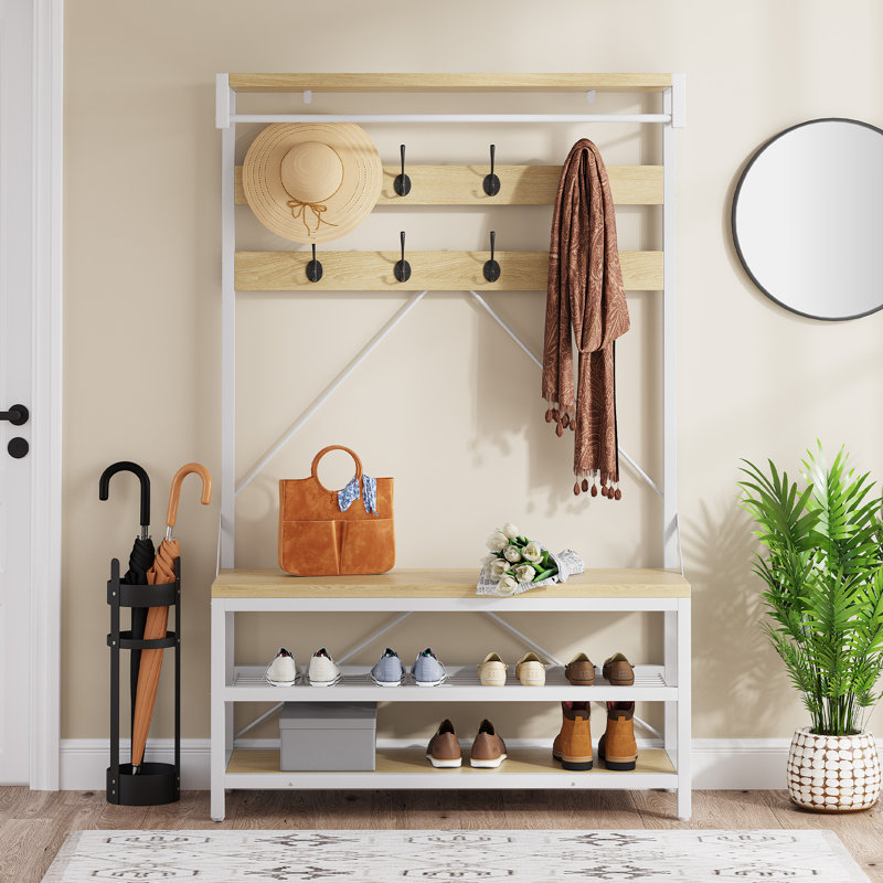 Industrial Hall Tree Coat Rack with Shoe Bench & Storage Shelf – 8 Hooks, Hanging Bar – Robust Metal Frame – Multi-Purpose Entryway Organizer for Living Room, Bedroom – White