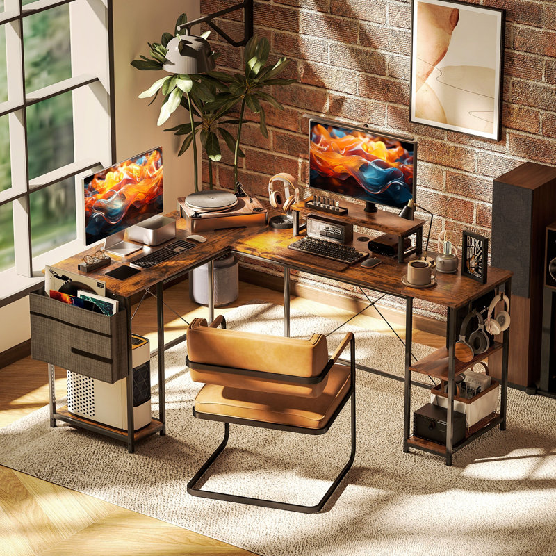 L-Shaped Metal Base Computer Desk, Rustic Brown