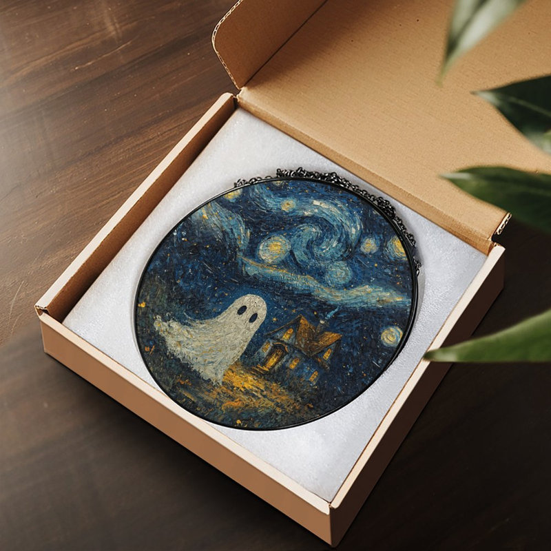 Ghost Near Starry Night House, 3.5x3.5in(9x9cm)