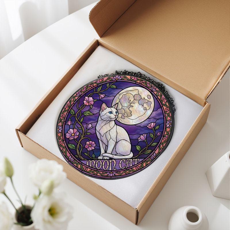 Panneau de vitrail 12 "H Moon Cat, H 12 po x l 12 po