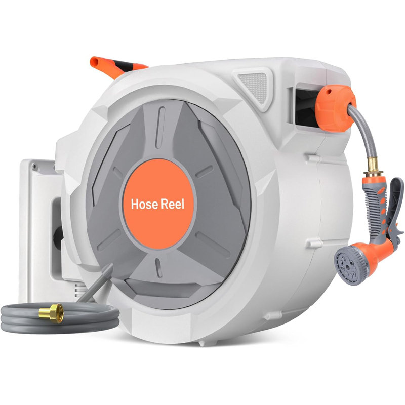 Retractable Garden Hose 5/8" x 100ft. Wall Mounted with Automatic Rewind. 9-Pattern Sprayer Nozzle. Adjustable Length Lock. Durable Outdoor Use