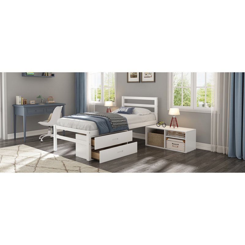 Lit plateforme en bois de taille avec tablettes de rangement amovibles, deux tiroirs de rangement intégrés pour plus de commodité,