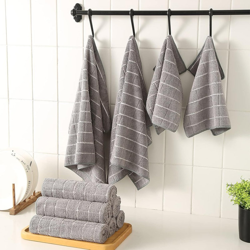 Linge de cuisine en microfibre et linges à vaisselle - Paquet de 12 - Lingettes de nettoyage super absorbantes, non pelucheuses, à séchage rapide, linges à vaisselle réutilisables doux, gris