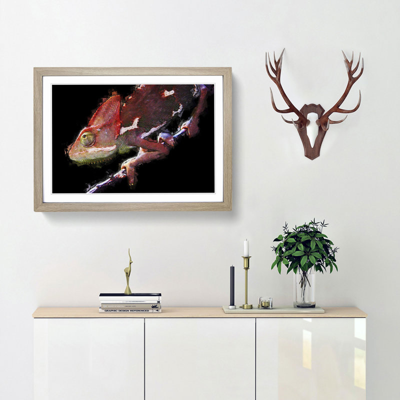 Red Chameleon Lizard in Abstract - Picture Frame Graphic Art Print, Oak Framed, 36cm H x 48cm W x 2cm D