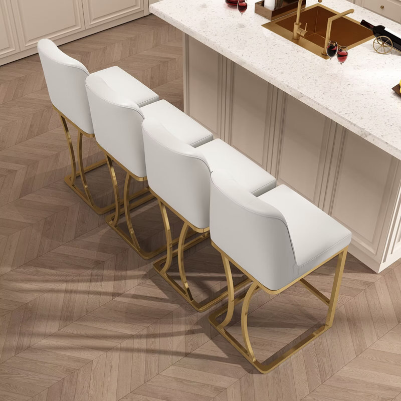 24" White and Gold PU Leather Counter Stools with Metal Frame, Set of 4