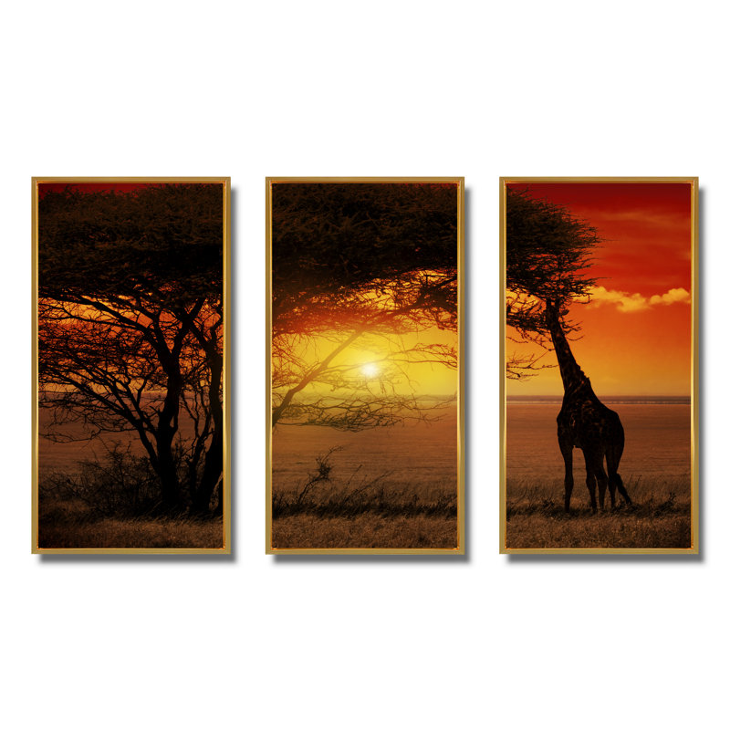 Typique coucher de soleil africain avec girafe - ensemble d'art mural sur toile encadré paysage, H 28 po x l 36 po x P 1 po