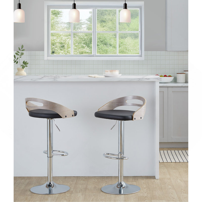 Tabouret de bar réglable avec pivot en métal chromé, bois et similicuir avec repose-pieds ovale